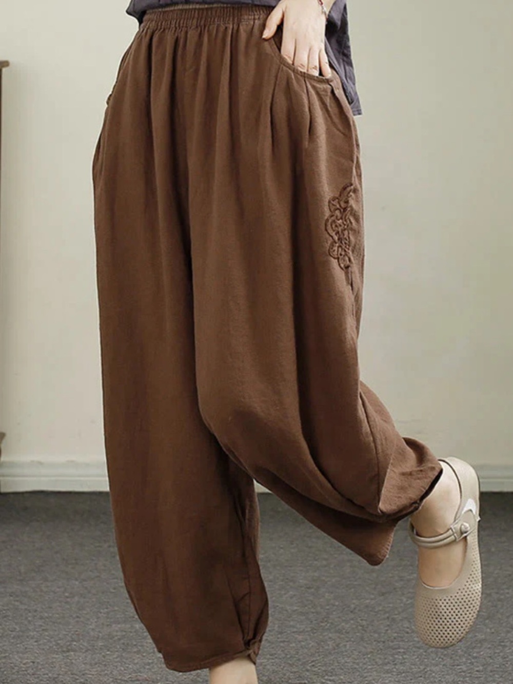NWT Buddha Stones Vintage Sienna Embroidery Cotton/Linen Harem Pants